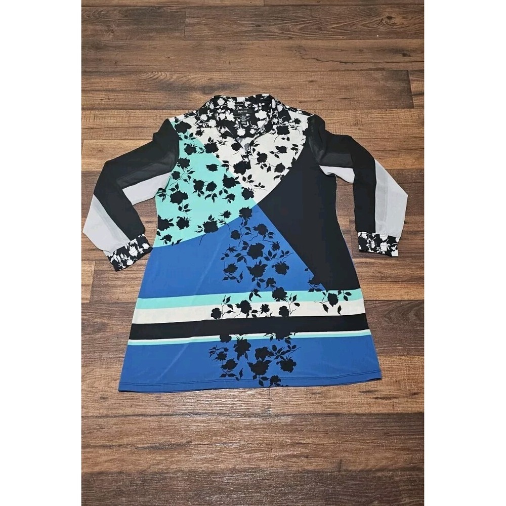Style & Co Women's Floral Dresss Large‎ Black Blue Patchwork Sheer Sleeve Boho